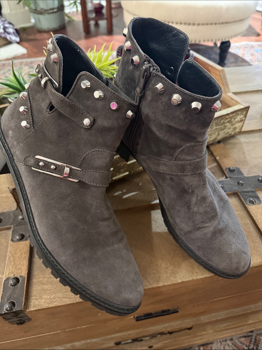 Stuart Weitzman Gray Suede Studded Ankle Booties